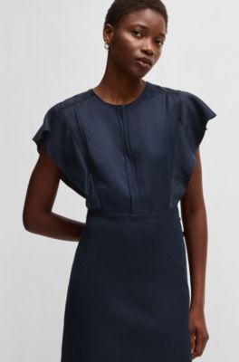 Keyhole-neckline dress with frilled sleeves, Dark Blue