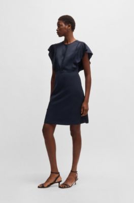 Jurk met keyhole-halslijn en mouwen met ruches, Donkerblauw