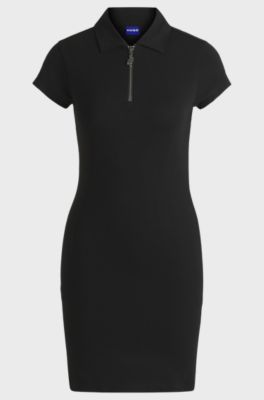 Bodycon dress in stretch cotton with zip placket, Black