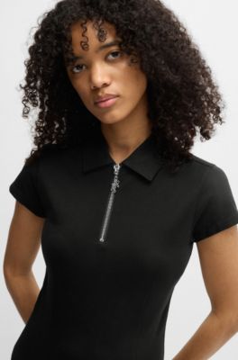 Bodycon dress in stretch cotton with zip placket, Black