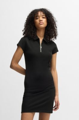 Bodycon dress in stretch cotton with zip placket, Black