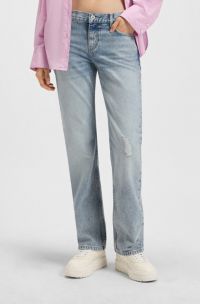 Straight-fit jeans van blauw denim met distressed details, Lichtblauw