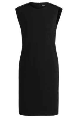 Shift dress in stretch fabric with buttoned shoulders, Black