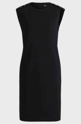 Shift dress in stretch fabric with buttoned shoulders, Black