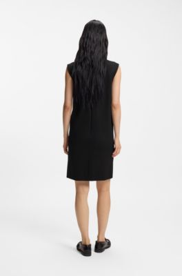 Shift dress in stretch fabric with buttoned shoulders, Black
