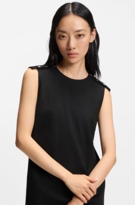 Shift dress in stretch fabric with buttoned shoulders, Black