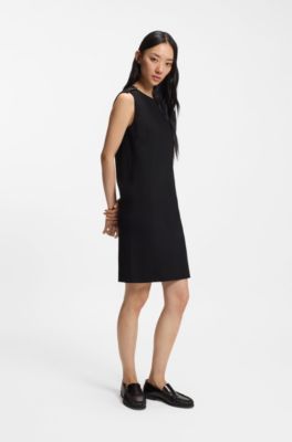 Shift dress in stretch fabric with buttoned shoulders, Black