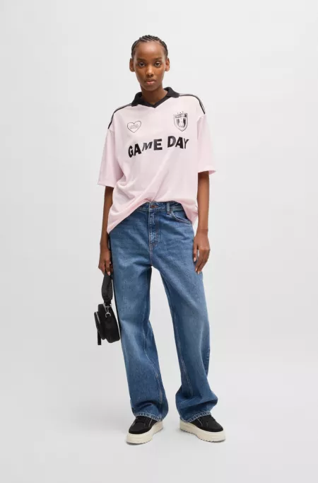 Football-inspired mesh T-shirt with Happy HUGO logo