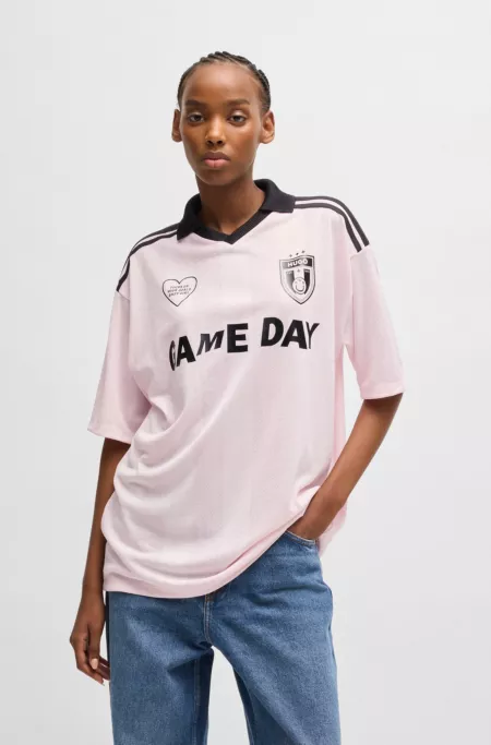 Football-inspired mesh T-shirt with Happy HUGO logo