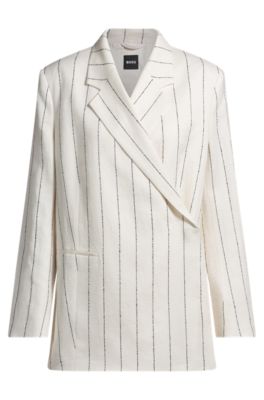 Relaxed-fit suit jacket in striped linen-blend boucl&eacute;, White Patterned