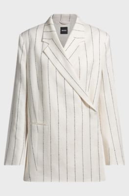 Relaxed-fit colbert in gestreepte boucl&eacute; van een linnenmix, Wit met dessin