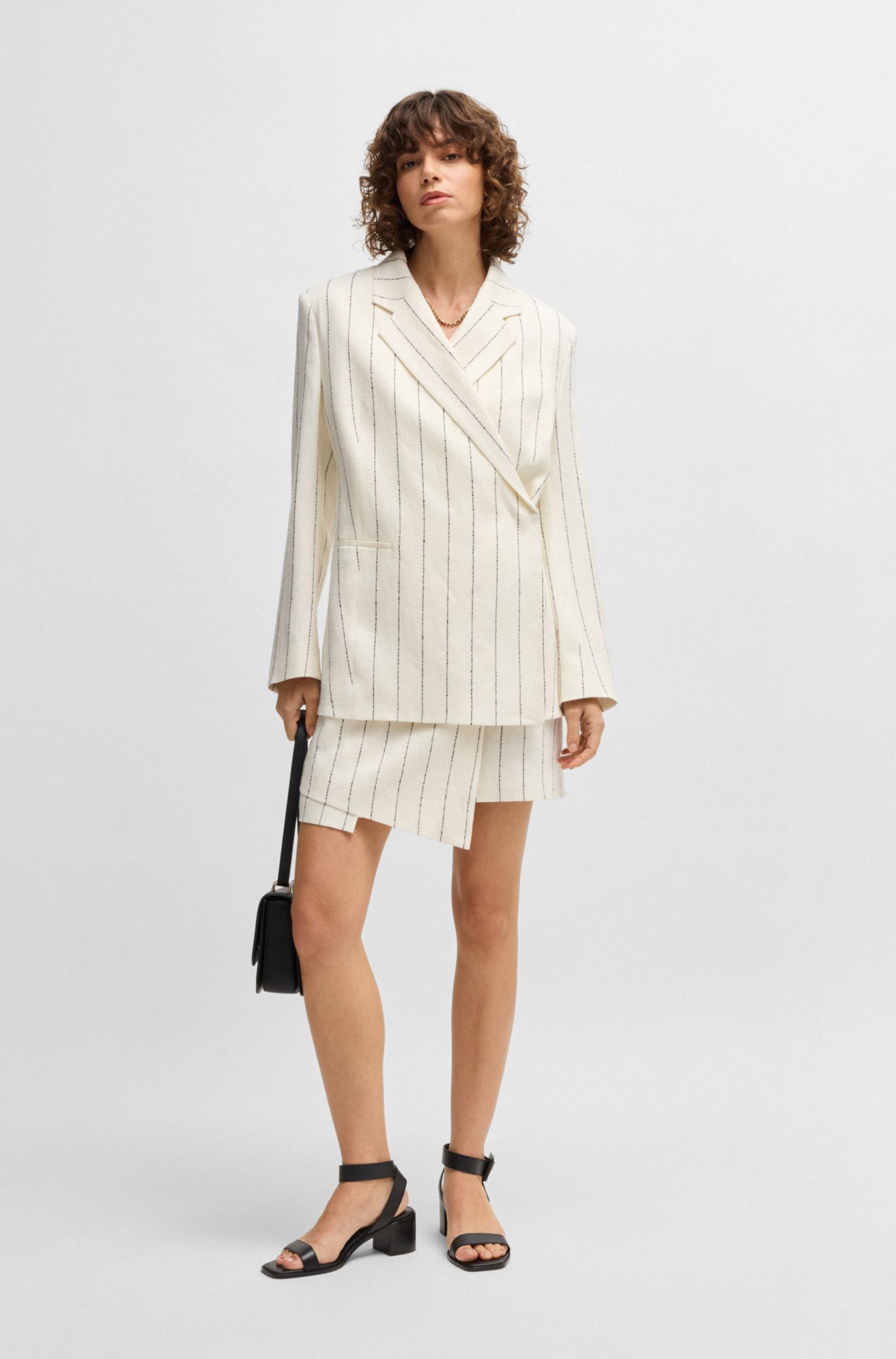Relaxed-fit suit jacket in striped linen-blend bouclé, White Patterned