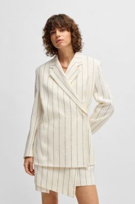 Relaxed-fit suit jacket in striped linen-blend boucl&eacute;, White Patterned