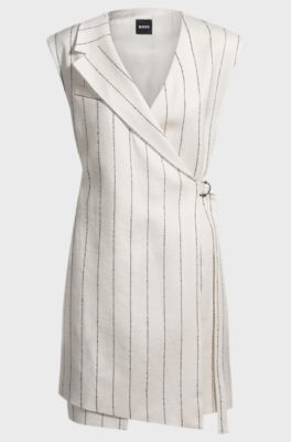 Wrap-front dress in a pinstripe linen blend, White