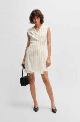 Wrap-front dress in a pinstripe linen blend, White