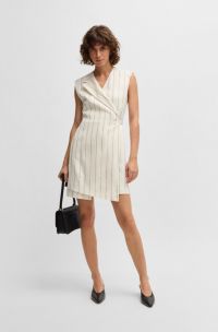 Robe portefeuille en lin mélangé à rayures tennis, Blanc