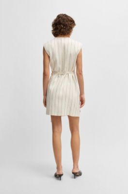 Wrap-front dress in a pinstripe linen blend, White