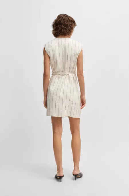 Wrap-front dress in a pinstripe linen blend