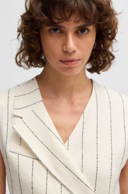 Wrap-front dress in a pinstripe linen blend, White