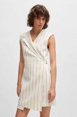 Wrap-front dress in a pinstripe linen blend, White