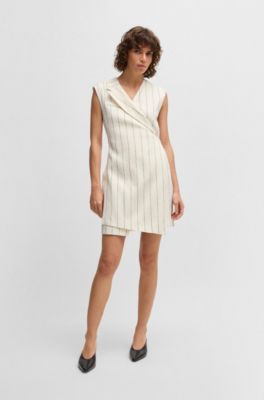 Wrap-front dress in a pinstripe linen blend, White