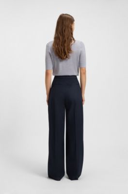 High-waisted regular-fit trousers in airy stretch cotton, Dark Blue