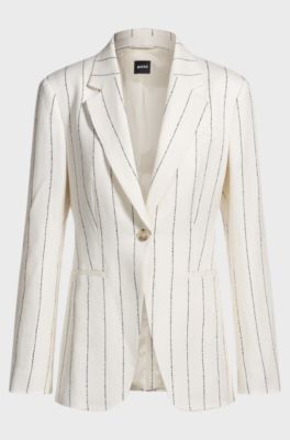 Slim-fit suit jacket in striped linen-blend boucl&eacute;, White Patterned