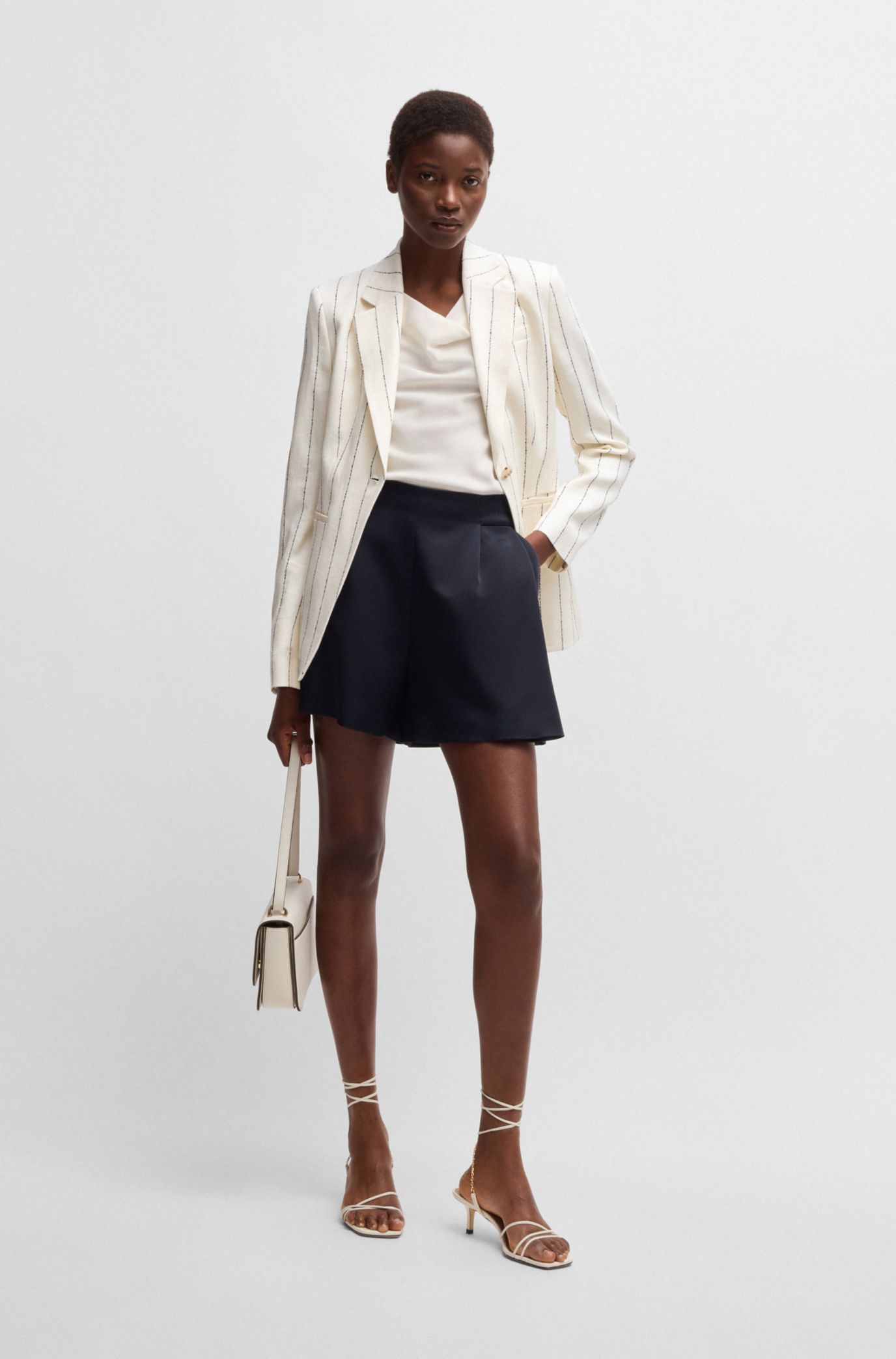 HUGO BOSS ヒューゴボス セットアップ パンツスーツ リネン ストライプ HUGO BOSS (ヒューゴボス) ストレッチ シングル ジャケット ロング