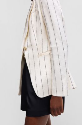 Slim-fit suit jacket in striped linen-blend boucl&eacute;, White Patterned