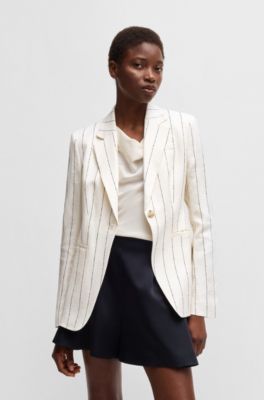 Slim-fit suit jacket in striped linen-blend boucl&eacute;, White Patterned