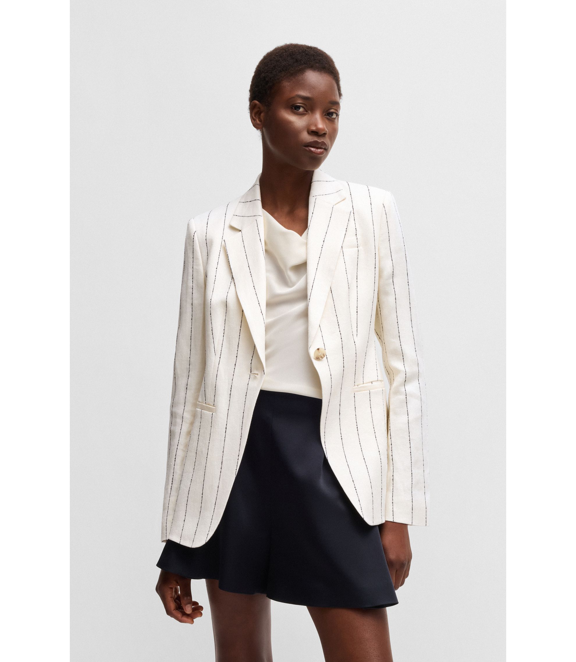 HUGO BOSS ヒューゴボス セットアップ パンツスーツ リネン ストライプ HUGO BOSS (ヒューゴボス) ストレッチ シングル ジャケット ロング