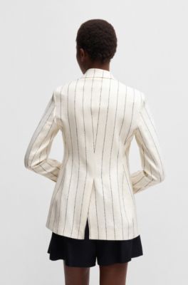 Slim-fit suit jacket in striped linen-blend boucl&eacute;, White Patterned