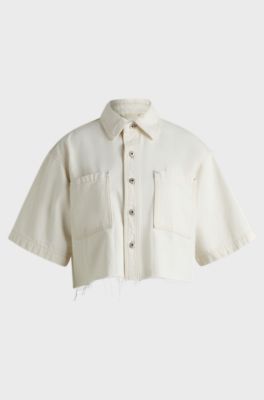 Cropped ecru-denim jacket with raw hem, Natural