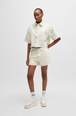 Cropped ecru-denim jacket with raw hem, Natural