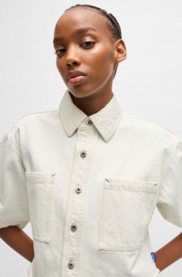 Blusa corta en denim crudo con dobladillo sin rematar, Natural