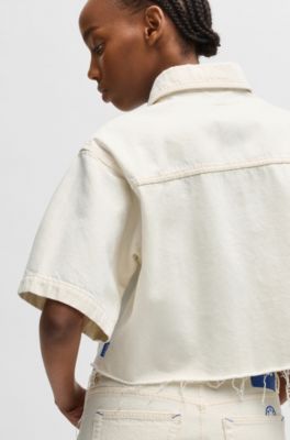 Blusa corta en denim crudo con dobladillo sin rematar, Natural