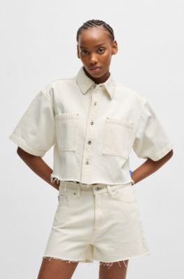 Cropped ecru-denim jacket with raw hem, Natural