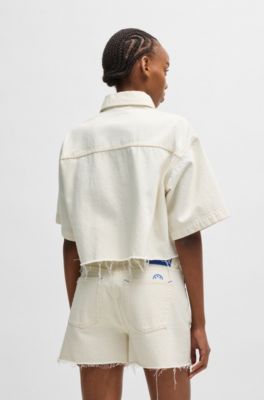 Blusa corta en denim crudo con dobladillo sin rematar, Natural