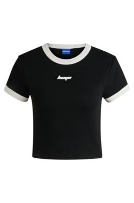 Cropped ringer T-shirt in cotton with graphic print, Black