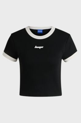 Cropped ringer T-shirt in cotton with graphic print, Black