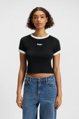 クロップド リンガーTシャツ コットン グラフィックプリント, ブラック