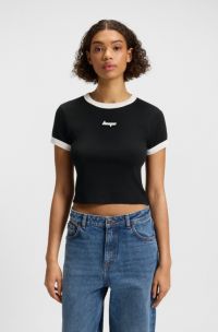 Korter katoenen T-shirt met contrasterende randen en grafische print, Zwart