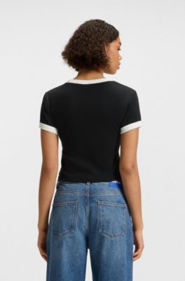 Cropped ringer T-shirt in cotton with graphic print, Black
