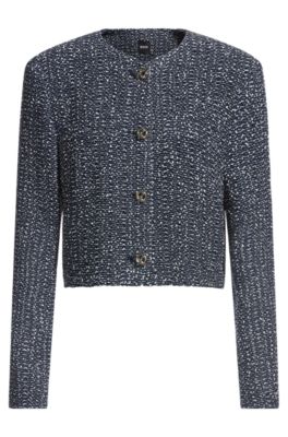Collarless jacket in two-tone tweed, Blue Patterned