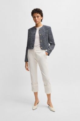 Collarless jacket in two-tone tweed, Blue Patterned