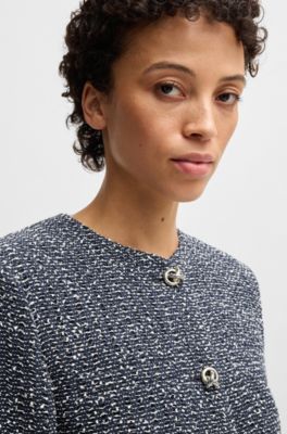 Collarless jacket in two-tone tweed, Blue Patterned
