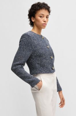 Collarless jacket in two-tone tweed, Blue Patterned