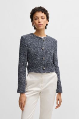 Collarless jacket in two-tone tweed, Blue Patterned