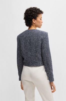 Collarless jacket in two-tone tweed, Blue Patterned