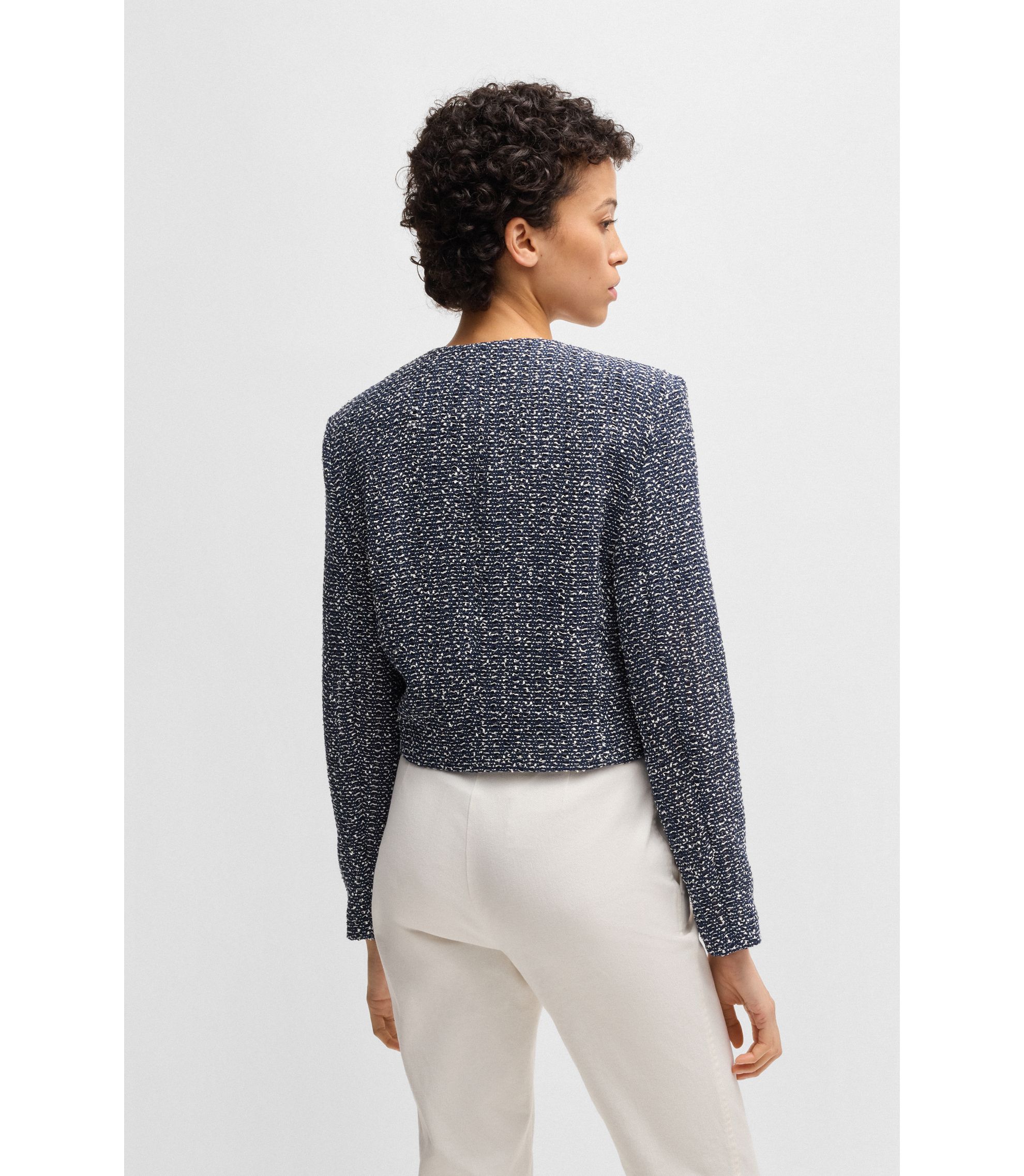 BOSS - Collarless jacket in two-tone tweed - Blue Patterned